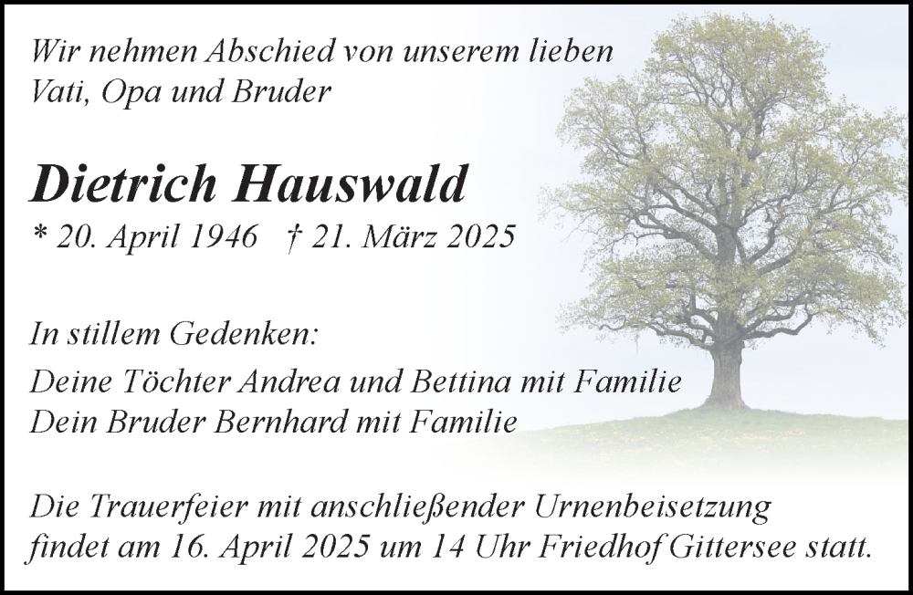  Traueranzeige für Dietrich Hauswald vom 05.04.2025 aus Sächsische Zeitung
