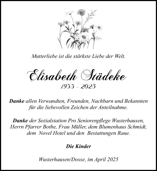 Traueranzeige von Elisabeth Städeke von Wochenspiegel