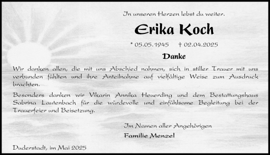 Traueranzeige von Erika Koch von Eichsfelder Tageblatt