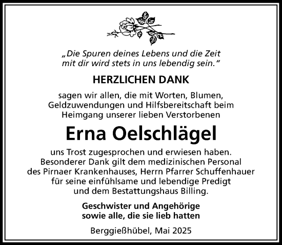 Traueranzeige von Erna Oelschlägel von Sächsische Zeitung