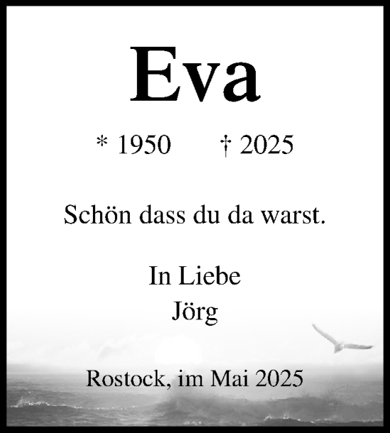 Traueranzeige von Eva  von Ostsee-Zeitung GmbH