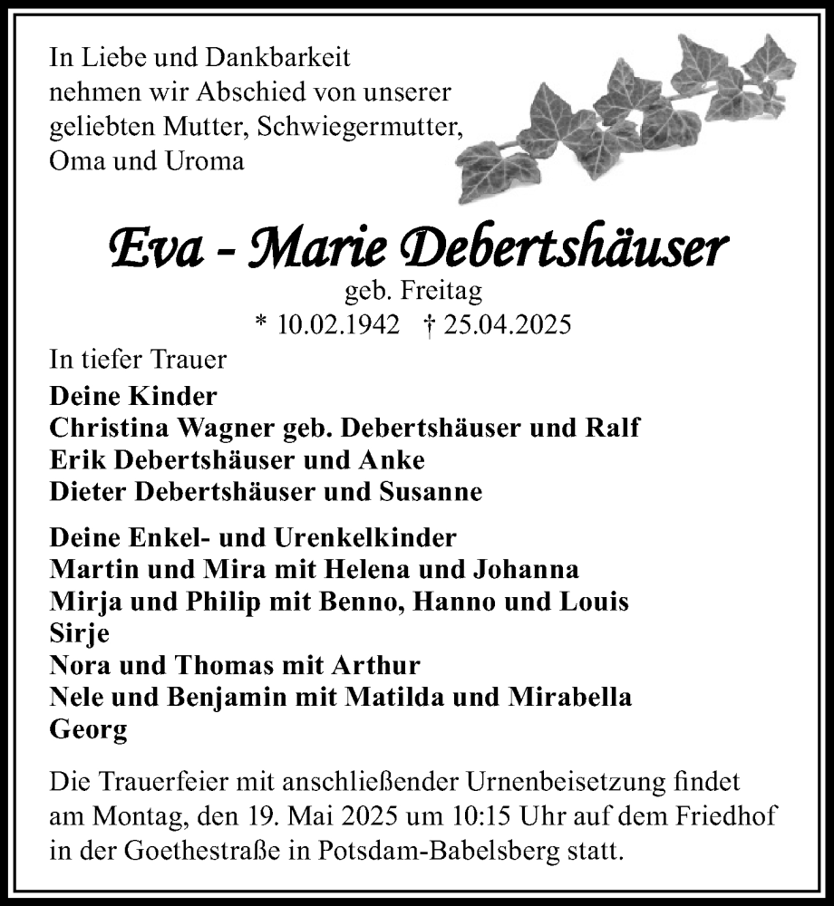  Traueranzeige für Eva-Marie Debertshäuser vom 10.05.2025 aus Märkischen Allgemeine Zeitung