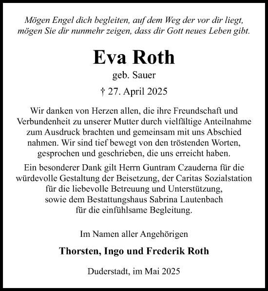 Traueranzeige von Eva Roth von Eichsfelder Tageblatt
