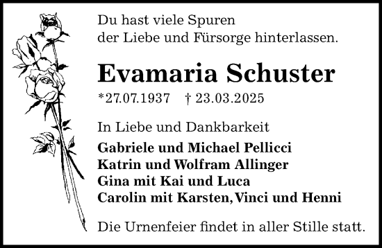 Traueranzeige von Evamaria Schuster von Sächsische Zeitung