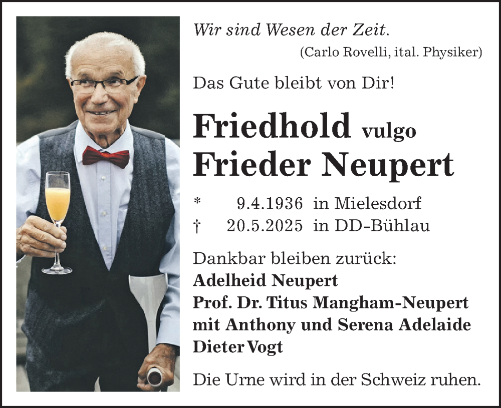  Traueranzeige für Frieder Neupert vom 31.05.2025 aus Sächsische Zeitung