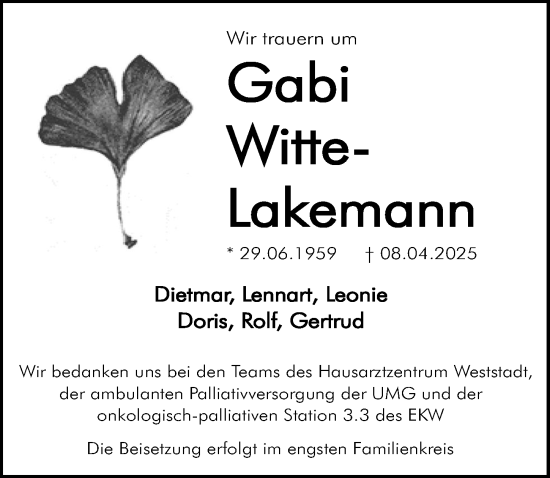 Traueranzeige von Gabi Witte-Lakemann von Göttinger Tageblatt