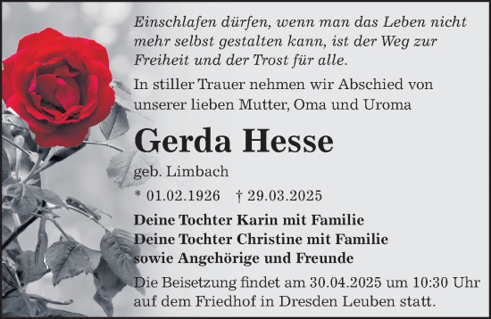 Traueranzeige von Gerda Hesse von Sächsische Zeitung