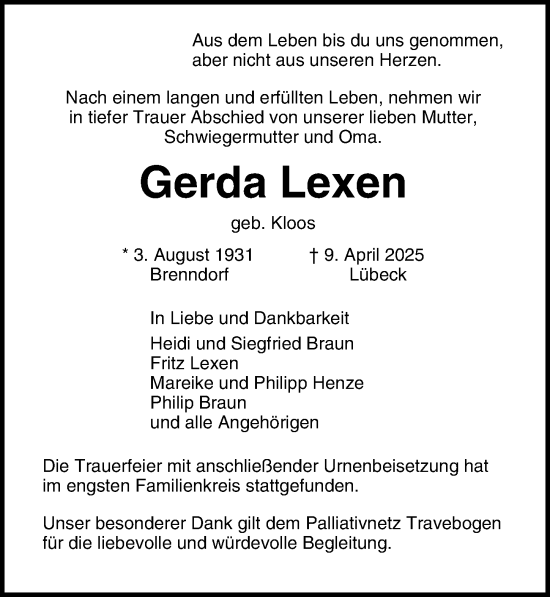 Traueranzeige von Gerda Lexen von Lübecker Nachrichten
