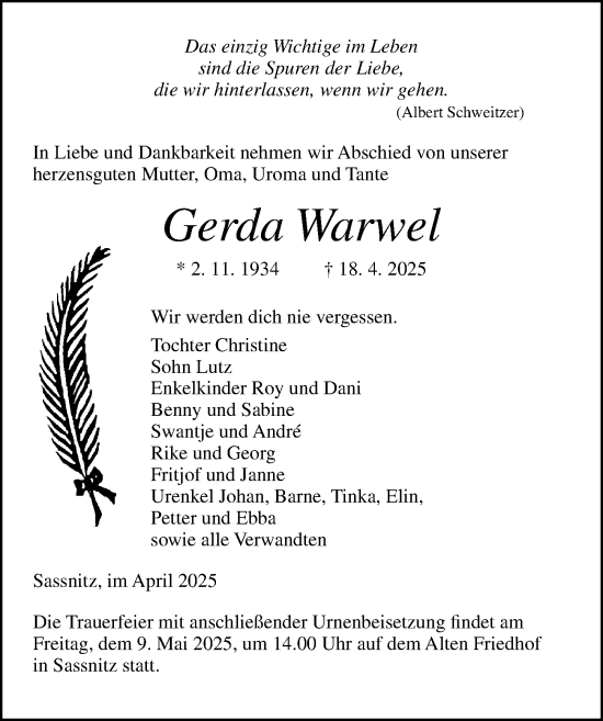 Traueranzeige von Gerda Warwel von Ostsee-Zeitung GmbH