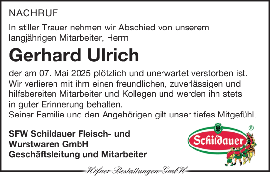 Traueranzeige von Gerhard Ulrich von Sächsische Zeitung