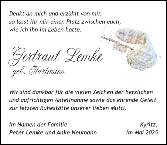 Traueranzeige von Gertraut Lemke von Wochenspiegel