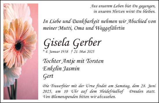 Traueranzeige von Gisela Gerber von Sächsische Zeitung