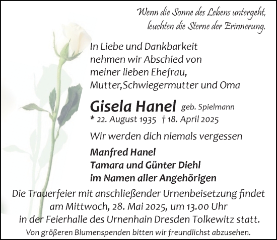 Traueranzeige von Gisela Hanel von Sächsische Zeitung