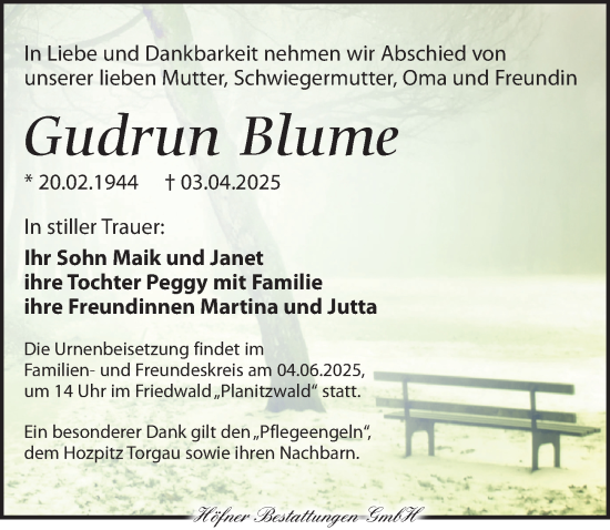 Traueranzeige von Gudrun Blume von Torgauer Zeitung