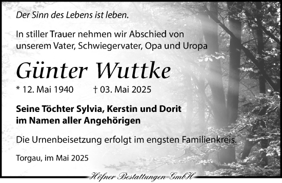 Traueranzeige von Günter Wuttke von Torgauer Zeitung