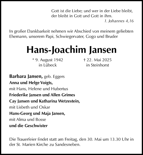 Traueranzeige von Hans-Joachim Jansen von Lübecker Nachrichten