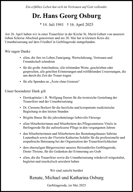 Traueranzeige von Hans Georg Osburg von Eichsfelder Tageblatt