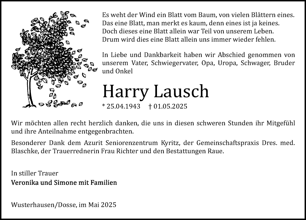  Traueranzeige für Harry Lausch vom 31.05.2025 aus Wochenspiegel