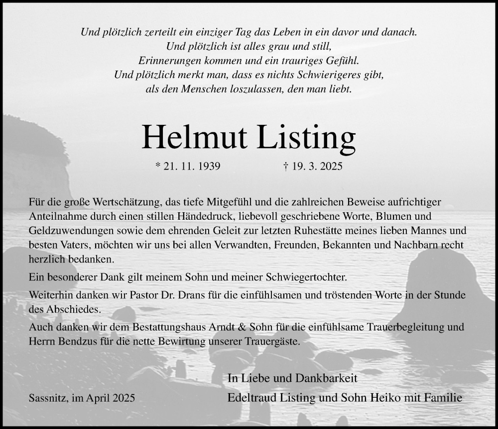  Traueranzeige für Helmut Listing vom 03.05.2025 aus Ostsee-Zeitung GmbH