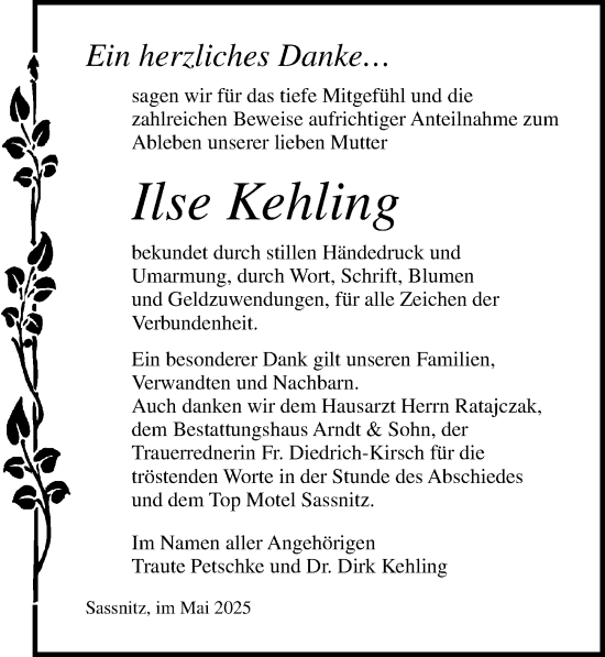 Traueranzeige von Ilse Kehling von Ostsee-Zeitung GmbH