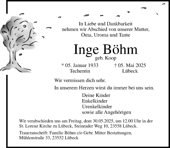 Traueranzeige von Inge Böhm von Lübecker Nachrichten