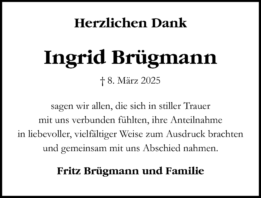  Traueranzeige für Ingrid Brügmann vom 24.05.2025 aus Lübecker Nachrichten