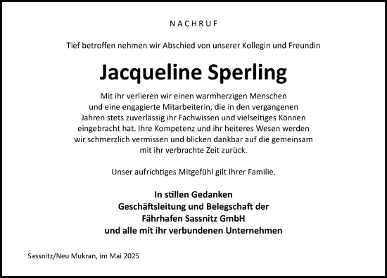 Traueranzeige von Jacqueline Sperling von Ostsee-Zeitung GmbH