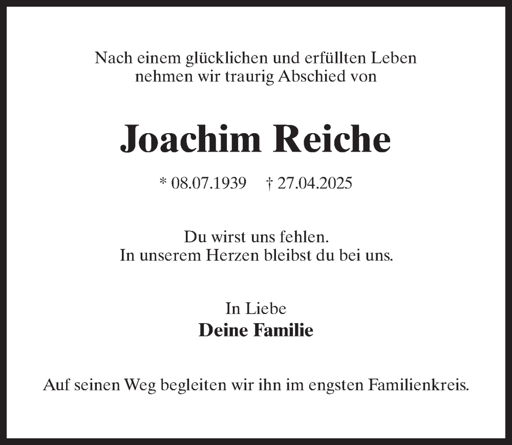  Traueranzeige für Joachim Reiche vom 10.05.2025 aus Märkischen Allgemeine Zeitung