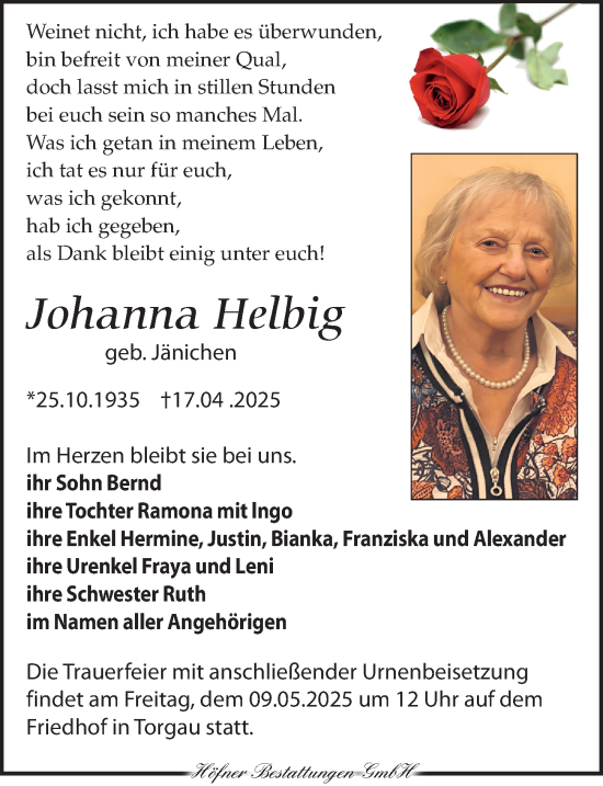 Traueranzeige von Johanna Helbig von Torgauer Zeitung