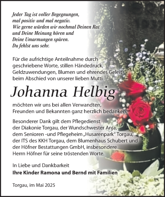 Traueranzeige von Johanna Helbig von Torgauer Zeitung