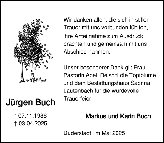 Traueranzeige von Jürgen Buch von Eichsfelder Tageblatt
