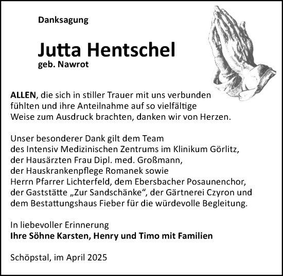Traueranzeige von Jutta Hentschel von Sächsische Zeitung