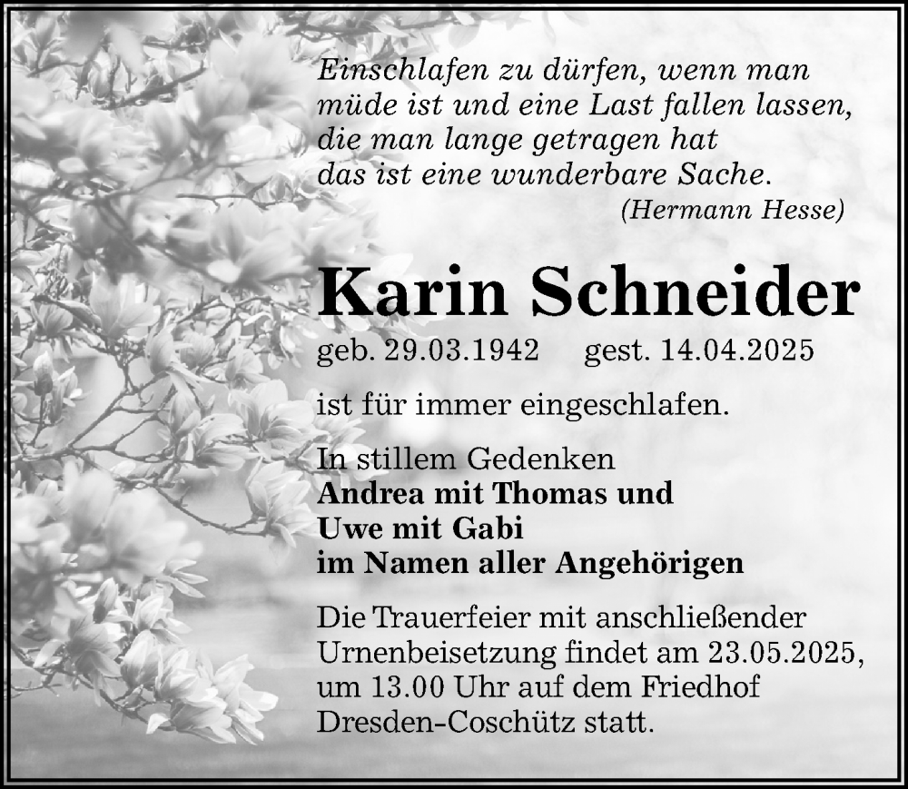  Traueranzeige für Karin Schneider vom 10.05.2025 aus Sächsische Zeitung