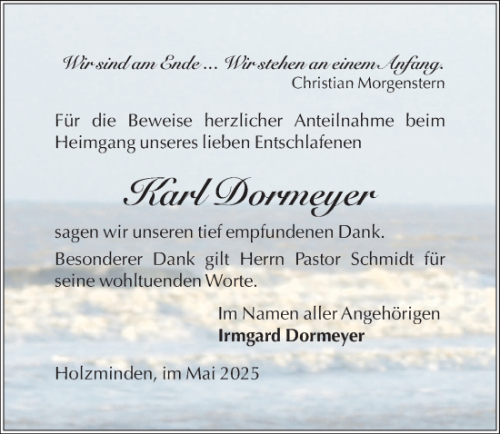 Traueranzeige von Karl Dormeyer von Täglicher Anzeiger Holzminden