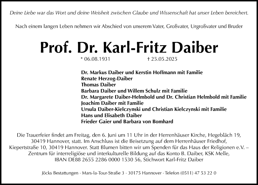  Traueranzeige für Karl-Fritz Daiber vom 31.05.2025 aus Hannoversche Allgemeine Zeitung/Neue Presse