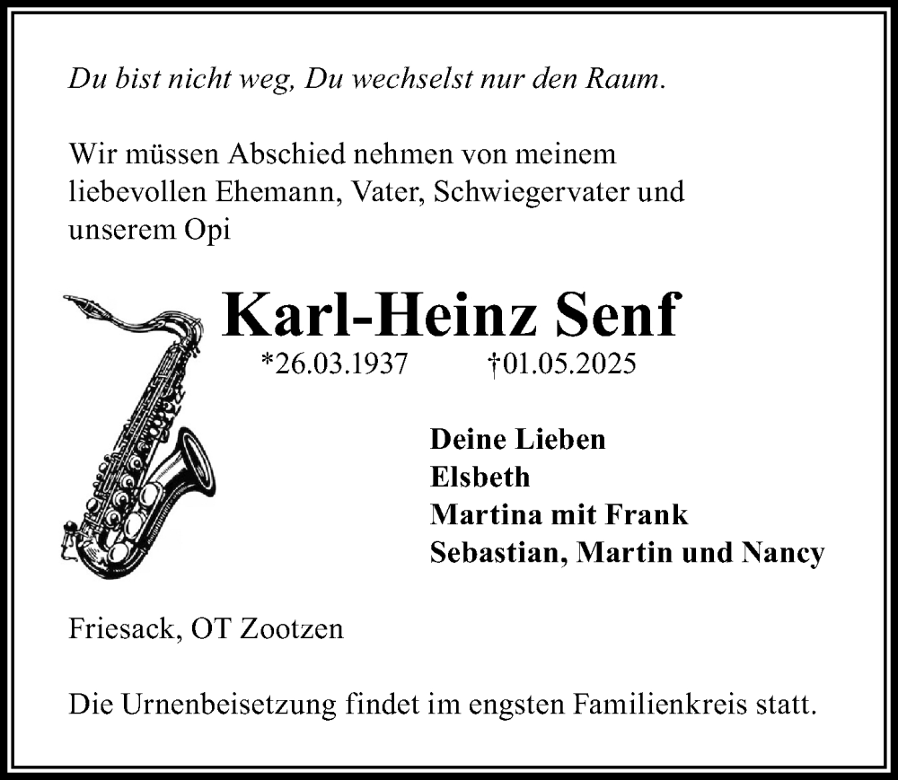  Traueranzeige für Karl-Heinz Senf vom 17.05.2025 aus Märkischen Allgemeine Zeitung