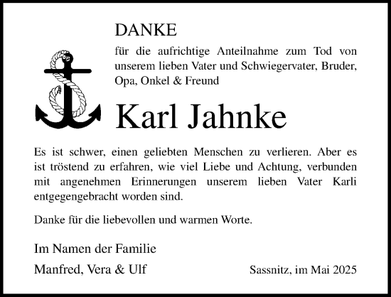 Traueranzeige von Karl Jahnke von Ostsee-Zeitung GmbH