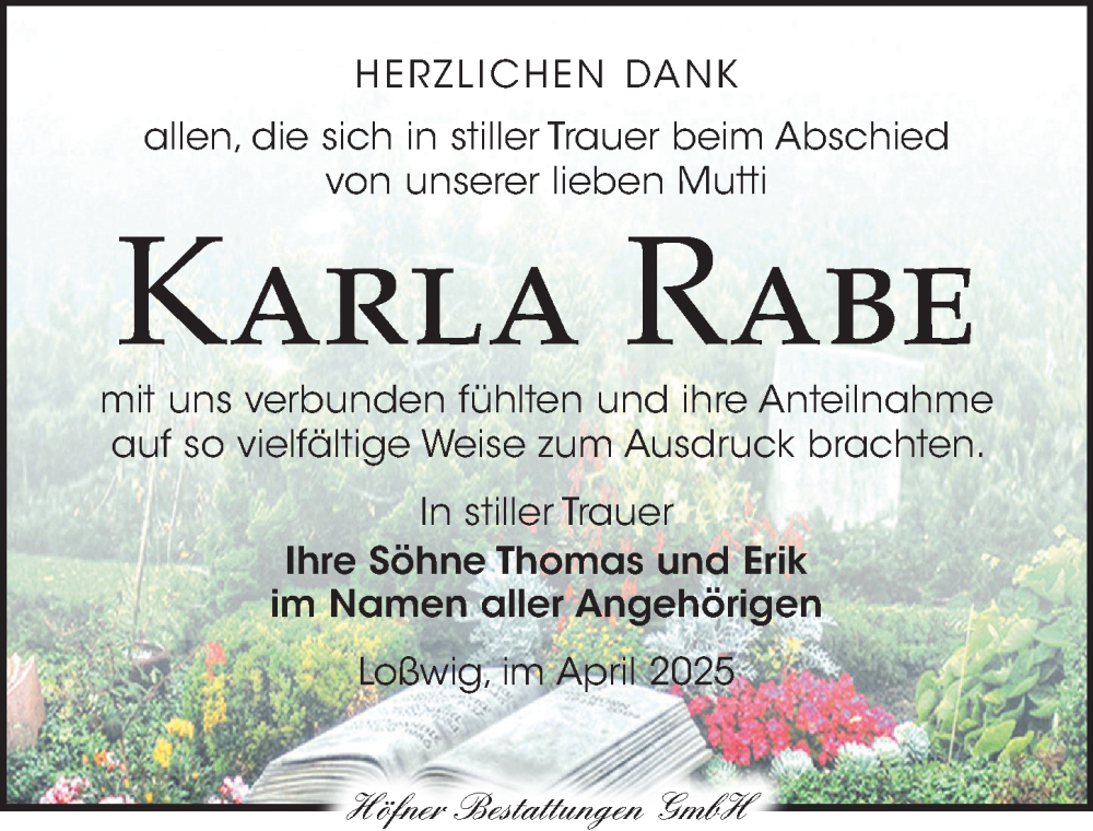  Traueranzeige für Karla Rabe vom 03.05.2025 aus Torgauer Zeitung