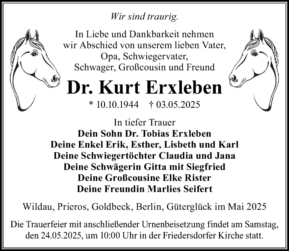  Traueranzeige für Kurt Erxleben vom 10.05.2025 aus Märkischen Allgemeine Zeitung