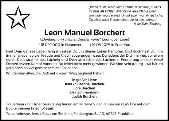 Traueranzeige von Leon Manuel Borchert von Hannoversche Allgemeine Zeitung/Neue Presse