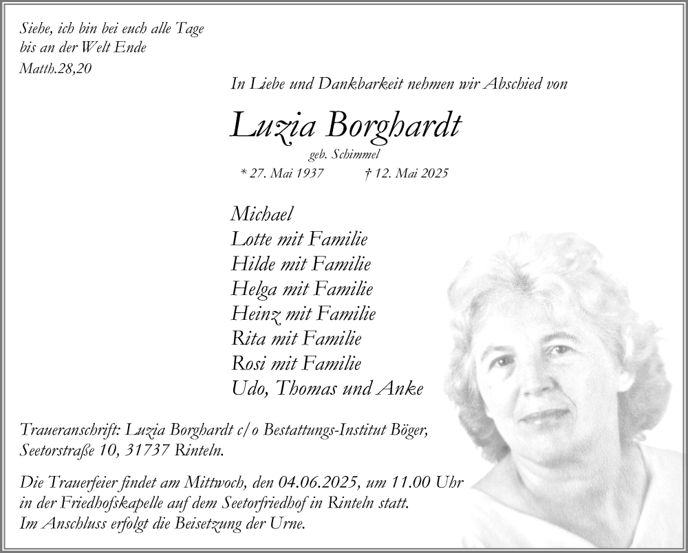  Traueranzeige für Luzia Borghardt vom 31.05.2025 aus Schaumburger Nachrichten und Schaumburger Zeitung/ Landes-Zeitung