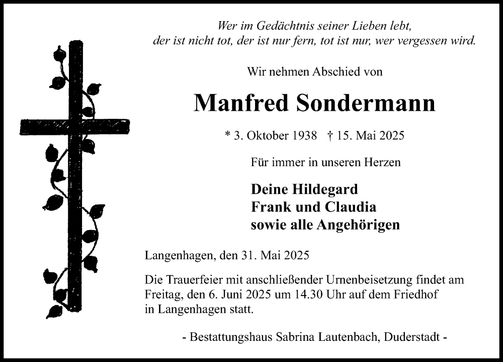  Traueranzeige für Manfred Sondermann vom 31.05.2025 aus Eichsfelder Tageblatt