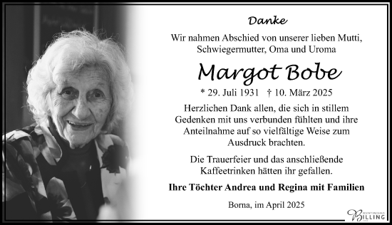 Traueranzeige von Margot Bobe von Sächsische Zeitung
