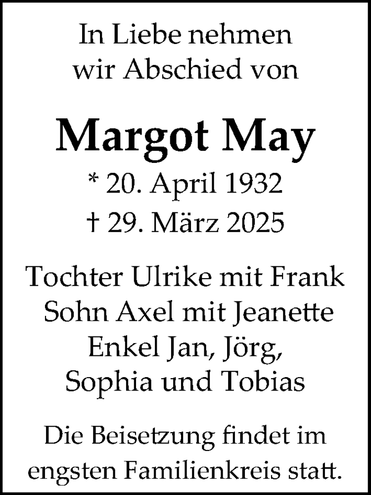  Traueranzeige für Margot May vom 05.04.2025 aus Sächsische Zeitung