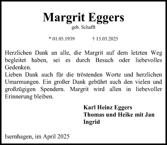 Traueranzeige von Margrit Eggers von Hannoversche Allgemeine Zeitung/Neue Presse
