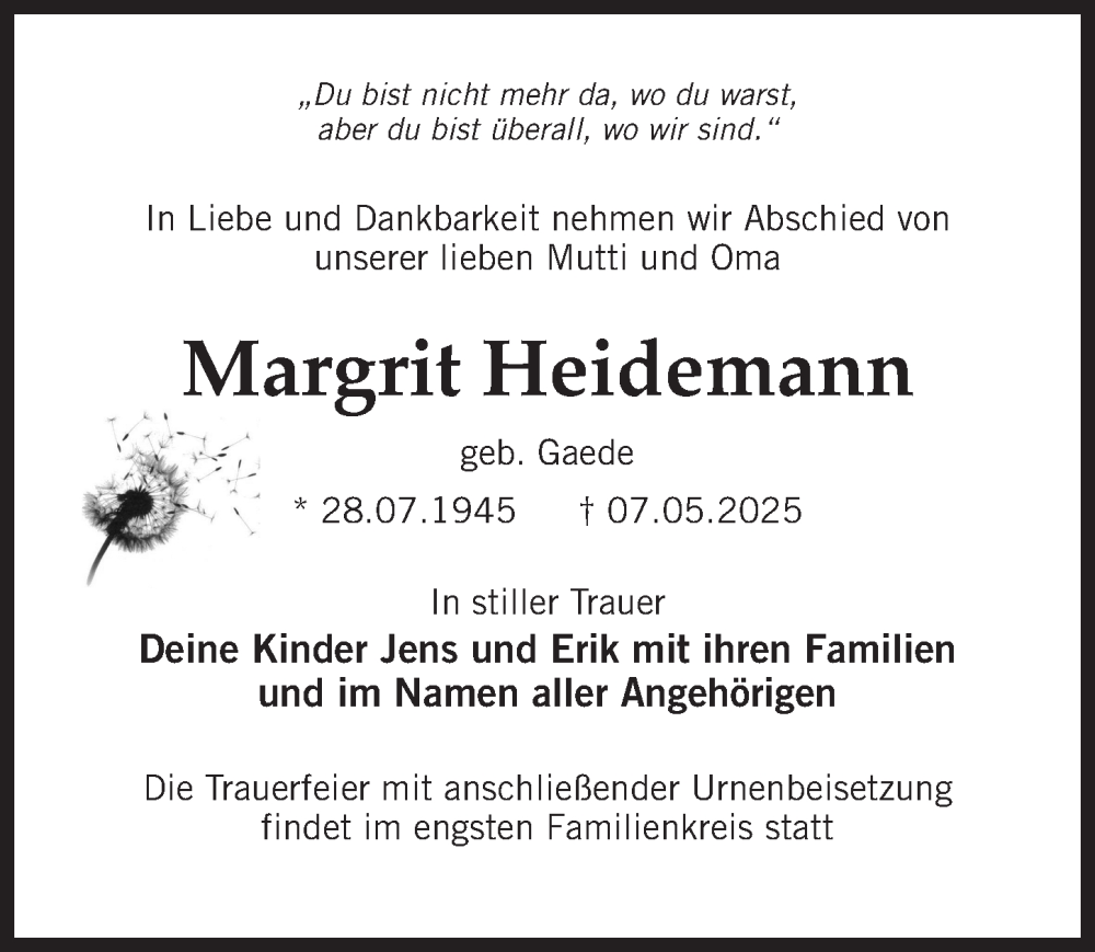  Traueranzeige für Margrit Heidemann vom 24.05.2025 aus Märkischen Allgemeine Zeitung