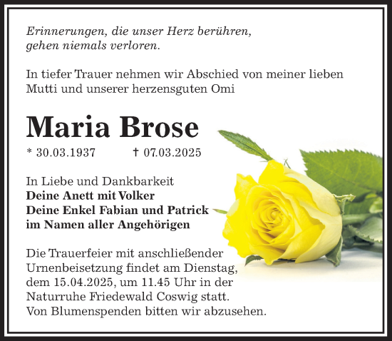 Traueranzeige von Maria Brose von Sächsische Zeitung