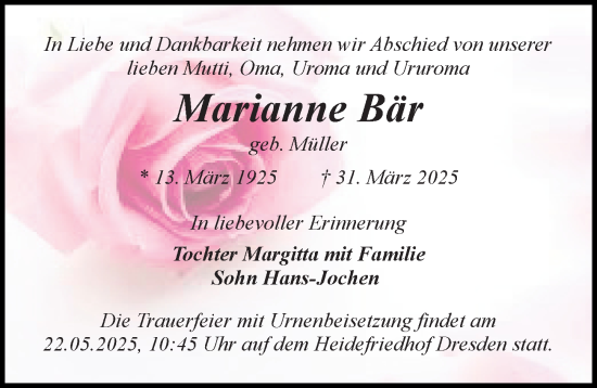 Traueranzeige von Marianne Bär von Sächsische Zeitung