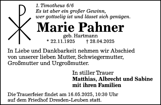 Traueranzeige von Marie Pahner von Sächsische Zeitung