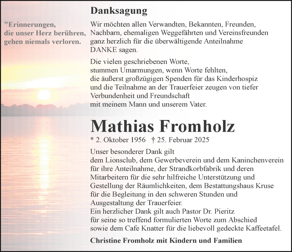  Traueranzeige für Mathias Fromholz vom 10.05.2025 aus Ostsee-Zeitung GmbH